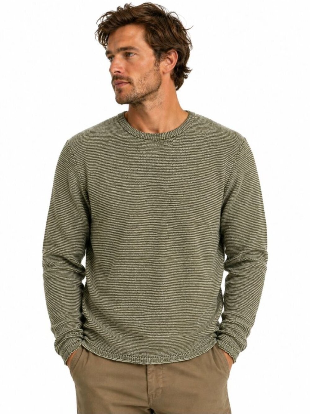Billy Reid Men's Tuck Stripe Crewneck Sweater Olive Green 100% Cotton Size S